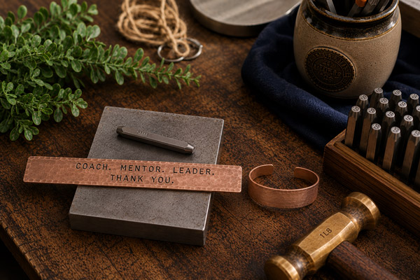 A hand-stamped jewelry piece from Stamping Cat Studio, featuring the words “COACH. MENTOR. LEADER. THANK YOU.” on copper, rests on a gray slab. Surrounding the in-progress creation are a hammer, metal stamps, a plant, twine, and a brown ceramic cup of pencils atop a wooden table—illustrating the art of handcrafted versus engraved designs. Read more at Stamping Cat Studio (stampingcatstudio.com).