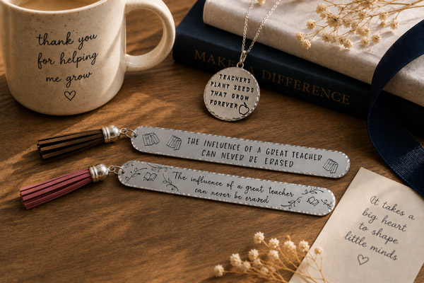 A hand-stamped necklace and two bookmarks from Stamping Cat Studio feature teacher appreciation quotes, while a mug with the phrase “thank you for helping me grow,” along with books, dried flowers, and a note card that reads “It takes a big heart to shape little minds,” are displayed on a wooden surface. These are perfect handmade end of year gifts for teachers! Read more at Stamping Cat Studio (stampingcatstudio.com).