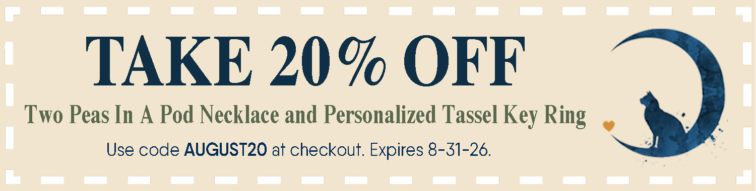 Banner displaying: “TAKE 20% OFF NL Aug26 coupon. Use code AUGUST20 at checkout. Expires 8-31-26.” Features a navy silhouette of a cat sitting on a crescent moon with a small gold heart. Read more at Stamping Cat Studio (stampingcatstudio.com).