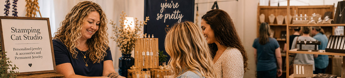 At the Stamping Cat Studio a cheerful woman helps two customers at a booth, featuring personalized jewelry and highlighting their permanent jewelry offerings in northeast Tennessee. The booth displays shelves filled with jewelry and a sign that reads “you’re so pretty,” while other attendees browse in the background, showcasing the friendly and welcoming vibe of these live jewelry pop-up events. Read more at Stamping Cat Studio (stampingcatstudio.com).