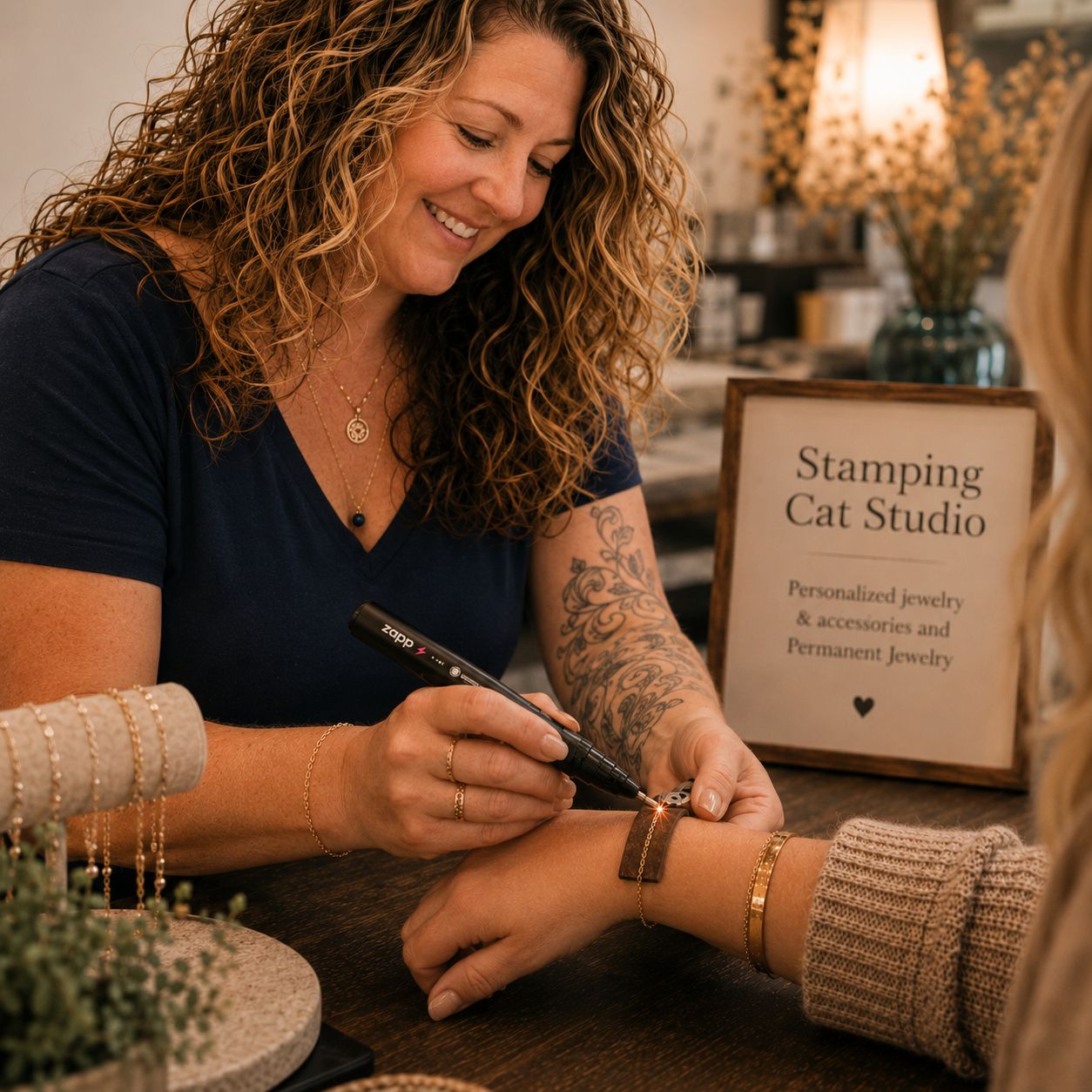 At a Stamping Cat Studio Permanent Jewelry Pop-Up, a smiling woman with curly hair applies a bracelet to wrist inside a bright jewelry studio in Northeast Tennessee. A sign reads Stamping Cat Studio Personalized jewelry & accessories and Permanent Jewelry, while curated displays decorate the wooden table, creating the perfect setting for live jewelry events. Read more at Stamping Cat Studio (stampingcatstudio.com).