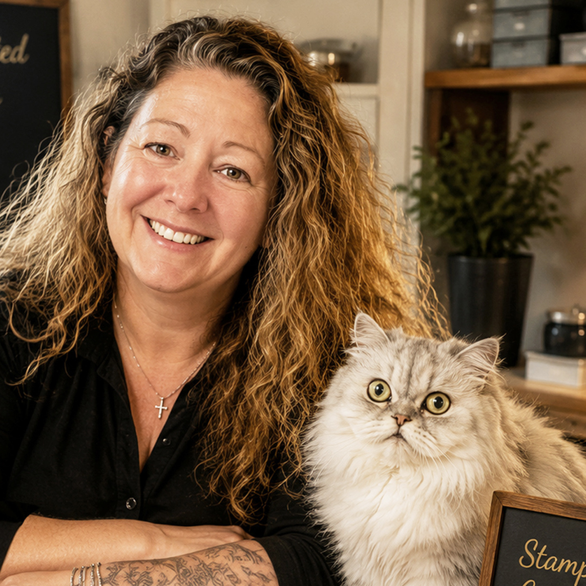 A woman with curly, light brown hair and a black shirt smiles beside a fluffy, wide-eyed gray and white cat, with kitchen shelves and a potted plant in the background. Her tattooed left arm rests near the Shan Teddy May2026 crop sign. Read more at Stamping Cat Studio (stampingcatstudio.com).