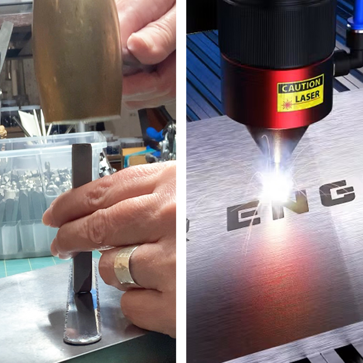 Split image: Left—hands use Stamp Engrave’s hammer and metal punch to manually imprint a design onto a flat metal piece. Right—a laser engraver from Stamp Engrave etches the word “ENG” onto a metal surface, with bright light visible and a “CAUTION LASER” warning label above the engraving. Read more at Stamping Cat Studio (stampingcatstudio.com).