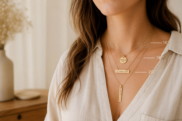A woman showcases an example of necklace layering, featuring three layered gold necklaces in 16″, 18″, and 20″ chain lengths. Each piece displays a unique pendant—a round disc, a small rectangle, and a vertical bar. She’s styled in a cream-colored shirt with a softly blurred vase in the background. Read more at Stamping Cat Studio (stampingcatstudio.com).