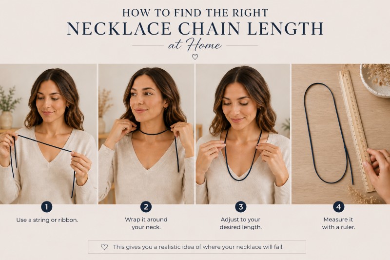 Four steps showing how to use the “find necklace chain length at home stamping cat studio” tool: 1. She holds the string. 2. She wraps it around her neck. 3. She adjusts it to her preferred length. 4. The string is placed next to a ruler for measurement. Text instructions from “find necklace chain length at home stamping cat studio” appear above each photo. Read more at Stamping Cat Studio (stampingcatstudio.com).