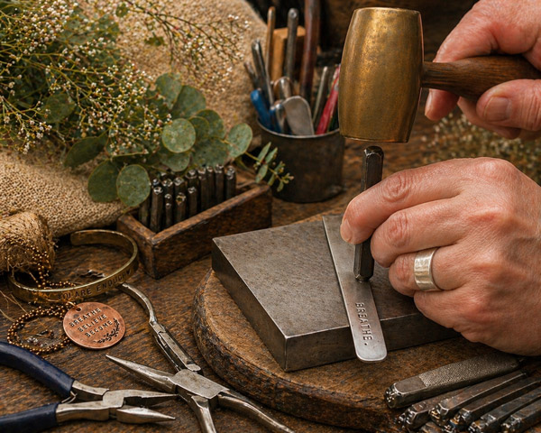 A person from stamping cat studio uses a metal stamp and hammer to engrave the word BREATHE onto a bracelet. On the wooden table are various metalworking tools, pliers, and finished hand-stamped jewelry pieces, with leafy plants in the background. Read more at Stamping Cat Studio (stampingcatstudio.com).