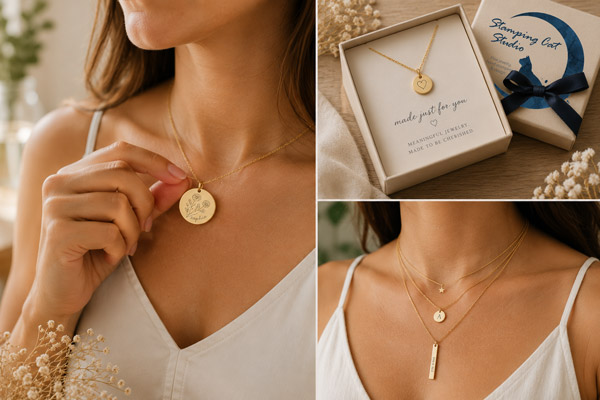A woman in a white top holds a round pendant, while another image features a gold necklace with a heart charm presented in the branded gift box alongside delicate dried flowers. Read more at Stamping Cat Studio (stampingcatstudio.com).