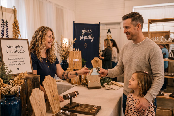 A vendor smiles as she hands a Stamping Cat Studio gift card to a man at an event. A young girl stands beside him, watching as he pays. The booth features wooden displays, dried flowers, jewelry, and a navy sign that reads youre so pretty. Read more at Stamping Cat Studio (stampingcatstudio.com).