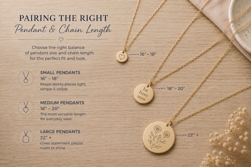 Three gold necklaces from Pairing Pendant and Chain Length – Stamping Cat Studio rest on wood: a small heart pendant (16″–18″), a medium round “be here now” pendant (18″–20″), and a large floral pendant (22″+). The text explains the ideal chain lengths for small, medium, and large pendants, with illustrations of each Stamping Cat Studio pendant next to every section. Read more at Stamping Cat Studio (stampingcatstudio.com).