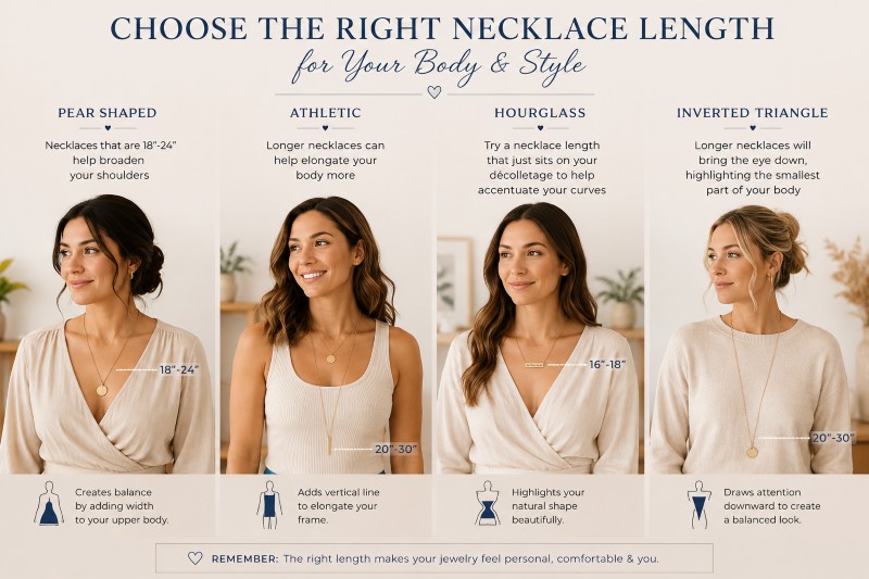 Four women with diverse body shapes (pear, athletic, hourglass, inverted triangle) each showcase a necklace from the How to Choose the Right Necklace Chain Length for Your Body and Style by Stamping Cat Studio. Informative text describes which necklace length best flatters every body shape, complemented by handy icons and style tips below. Set against a soft, neutral background, each smiling woman confidently displays her unique necklace choice. Read more at Stamping Cat Studio (stampingcatstudio.com).