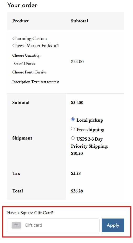 A checkout page displays a set of cheese marker forks with cursive font. At the bottom, there is a Square Gift Card field and an Apply button. Read more at Stamping Cat Studio (stampingcatstudio.com).