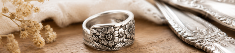 A vintage flatware jewelry spoon ring from Stamping Cat Studio, featuring intricate, raised floral details, sits on a wooden surface beside ornate silverware, dried flowers, and a cream-colored cloth. Read more at Stamping Cat Studio (stampingcatstudio.com).