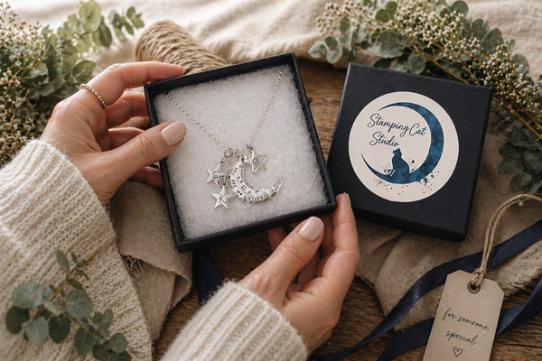 A person in a beige sweater holds an open box containing the You Are My Universe necklace from Stamping Cat Studio, featuring a silver crescent moon and stars. The box lid, branded Stamping Cat Studio, lies nearby on a wooden table adorned with greenery and a gift tag that reads for someone special. Read more at Stamping Cat Studio (stampingcatstudio.com).