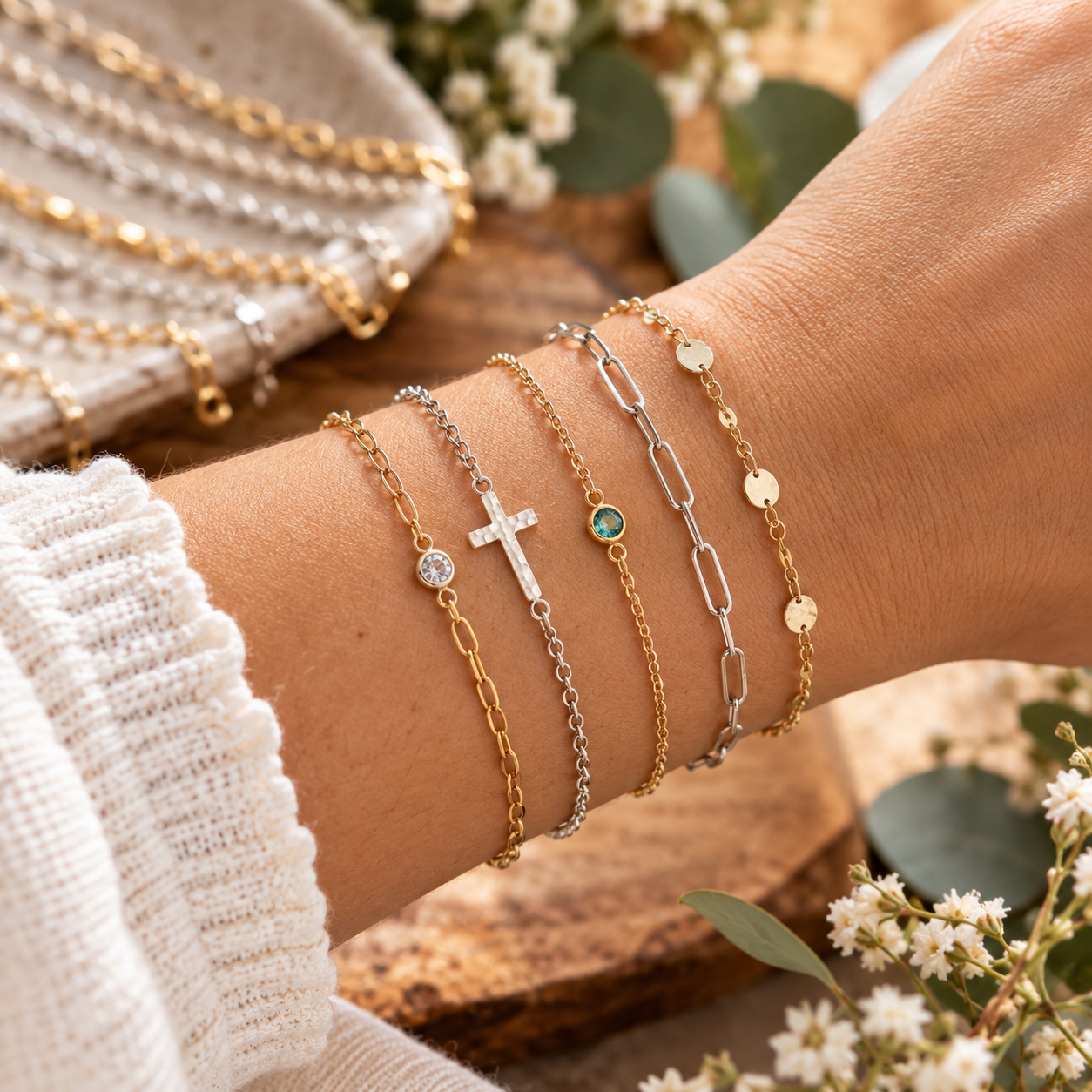 A close-up showcases a wrist adorned with the Delicate Stacked PJ Brace—five elegant gold and silver bracelets embellished with charms, including a cross, diamond, green gem, and petite gold discs. White flowers and chains in the background enhance the soft, sophisticated ambiance. Read more at Stamping Cat Studio (stampingcatstudio.com).