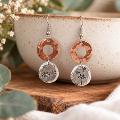 The Handcrafted Mixed Metal Botanical Earrings feature round copper tops with hammered detailing and teardrop-shaped silver bottoms engraved with delicate wildflower designs. They are displayed hanging on a speckled ceramic bowl, complemented by soft greenery and wood accents in the background. Read more at Stamping Cat Studio (stampingcatstudio.com).