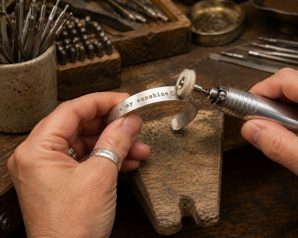 A close-up of hands polishing and finishing a hand stamped personalized jewelry piece from Stamping Cat Studio with a rotary tool, the metal bracelet inscribed with “you are my sunshine,” surrounded by various metalworking tools on a wooden workbench. Read more at Stamping Cat Studio (stampingcatstudio.com).