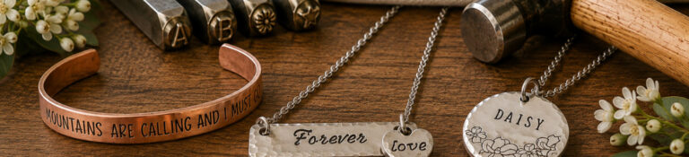 Displayed on a wooden surface alongside metal stamping tools and small white flowers are hand stamped jewelry and metal stamping tools: a copper bracelet engraved with “THE MOUNTAINS ARE CALLING AND I MUST GO,” and two silver necklaces—one featuring the inscription “Forever love,” the other adorned with “DAISY” and a floral motif, demonstrating how hand stamped jewelry is made. Read more at Stamping Cat Studio (stampingcatstudio.com).