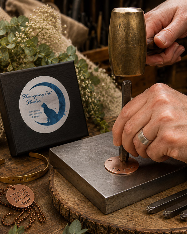 A person uses a hammer and metal stamp to personalize a copper disc with text, creating custom jewelry pieces from Stamping Cat Studio. Beside the handcrafted items and their elegant black box marked “Stamping Cat Studio,” flowers and greenery are arranged on a rustic wooden surface. Read more at Stamping Cat Studio (stampingcatstudio.com).