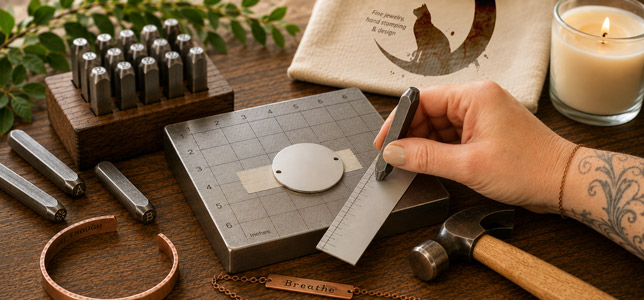 A tattooed hand uses a metal stamp and ruler on a round metal blank atop a grid board, alongside stamp sets, a hammer, candle, jewelry pieces, plant, and a cloth bag with a bird design—capturing the handmade jewelry crafting process. Read more at Stamping Cat Studio (stampingcatstudio.com).