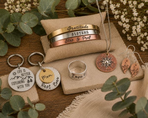 Personalized hand stamped jewelry and accessories from Stamping Cat Studio are displayed on fabric and surrounded by greenery, featuring engraved bracelets, keychains, a ring, two necklaces, and earrings adorned with nature-inspired and motivational motifs, phrases such as “Gratitude” and “Life is better exploring with you,” as well as intricate designs. Read more at Stamping Cat Studio (stampingcatstudio.com).