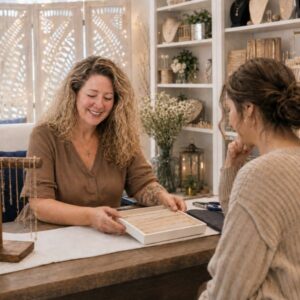 Two women sit at a wooden table in a cozy shop. One, with curly hair, smiles and presents a tray of jewelry to the other. Necklaces are displayed nearby, while shelves lined with books, plants, and decor fill the softly lit background—book a private studio appointment at stamping cat studio today!. Read more at Stamping Cat Studio (stampingcatstudio.com).