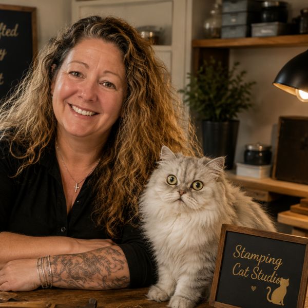 Shannon, a smiling woman with wavy hair and a tattooed arm, poses beside Teddy, her fluffy gray cat, at Stamping Cat Studio. Indoors at a cozy desk with warm lighting and shelves of jars and plants in the background, they create the perfect setting to share All About Us. Read more at Stamping Cat Studio (stampingcatstudio.com).