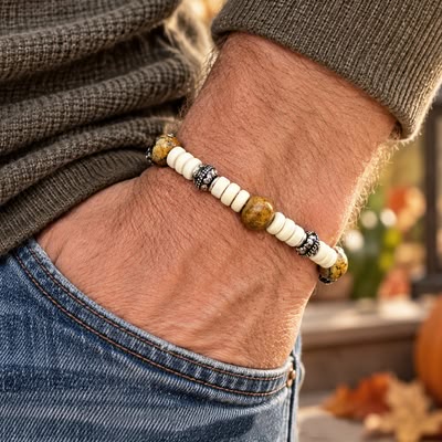 A Natural Stone and Bone Bracelet man sits on a wrist, featuring a repeating pattern of smooth, cream-colored spacers, mottled brown stone beads, and ornate silver-toned accents, worn with a dark grey sweater and blue jeans against a blurred outdoor background. Read more at Stamping Cat Studio (stampingcatstudio.com).