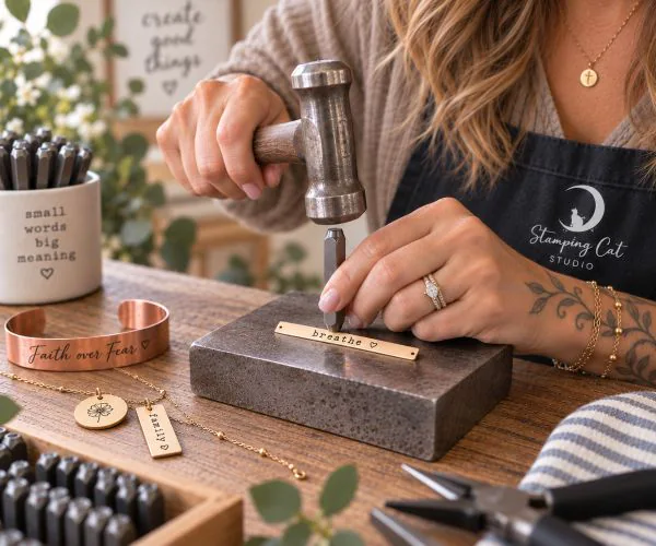 A person uses a metal hammer to strike a stamping tool into a thin metal bar on an anvil to create hand-stamped personalized jewelry pieces, with finished copper cuffs and gold-toned pendants displayed on the wooden table. Read more at Stamping Cat Studio (stampingcatstudio.com).